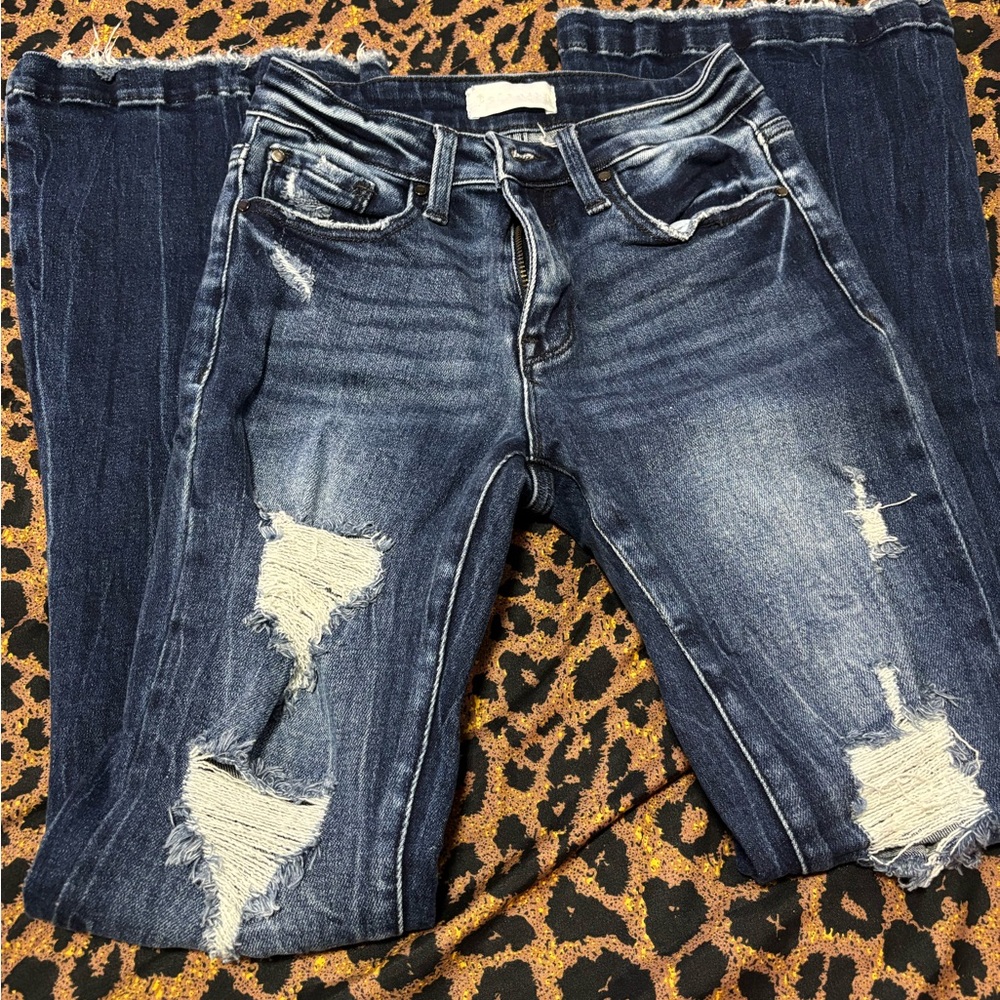 Petra Fashions Dark Blue Distressed Flare Jeans